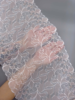 Вышивка на сетке персиково-розовая с белым, золотым и глиттером неэластичная ширина 33 см