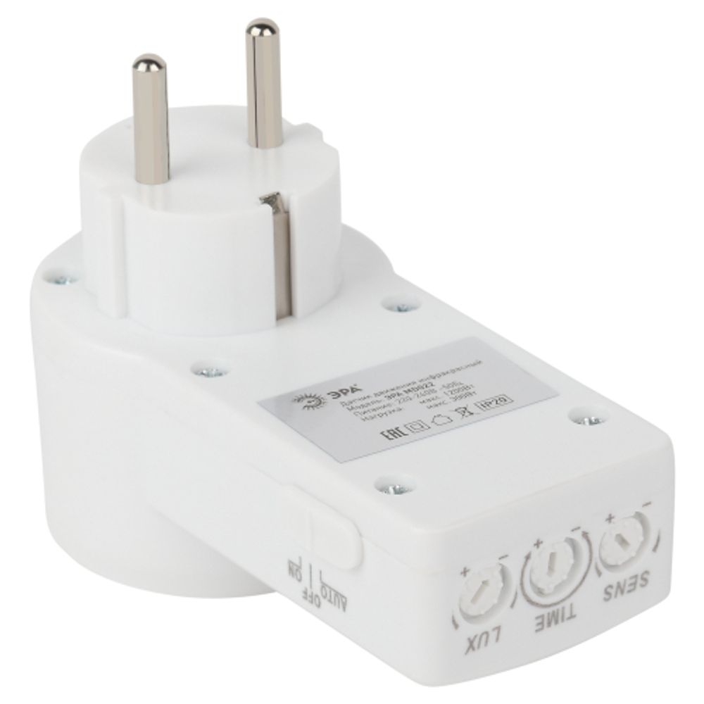 Датчик движения ЭРА MD 022 розеточный ДДР-01 1200Вт, 10-420с, 2-9м, 3+лк, 120гр, IP20