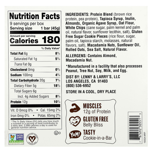 Lenny & Larry's, Cookie-Fied®, батончик с белой крошкой макадамии, 9 батончиков, 45 г (1,59 унции)