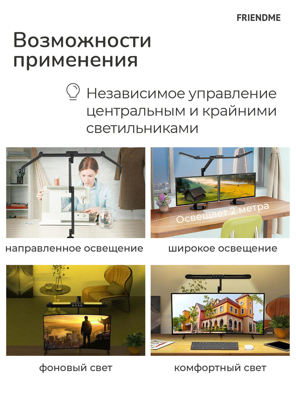 Светильник FRIENDME настольный на струбцине светодиодный No. 3 черный с тройным источником света. Яркость - 1300 lum. 24W.