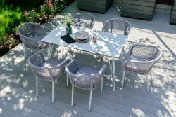 "Марсель" стул плетеный из роупа, каркас алюминий белый муар, роуп светло-серый круглый, ткань светло-серая