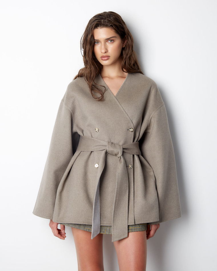 Полупальто и косынка двухсторонние из шерсти и шелка Лоро Пиана светло-серый/бежевый