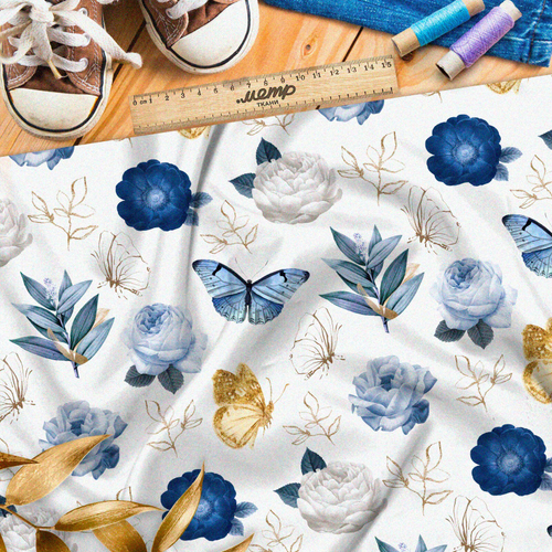 Ткань оксфорд 210 голубые и золотые бабочки и розы