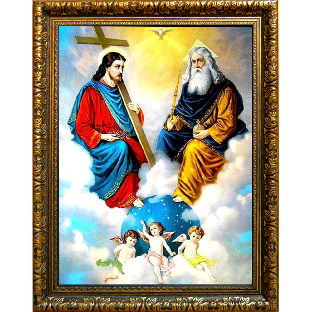 Бог - Отец,  Бог - Сын и Бог - Святой дух. Троица новозаветная. Икона на холсте.