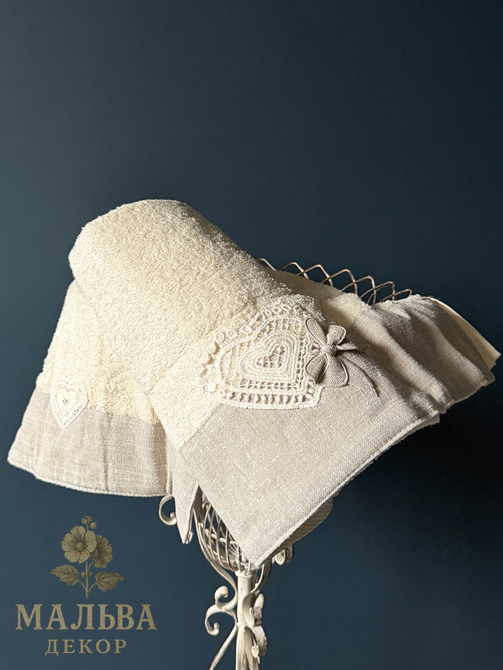 Набор из 2-х полотенец для декора "Паулония" кремовый 38х58см/55x104 см с кружевом