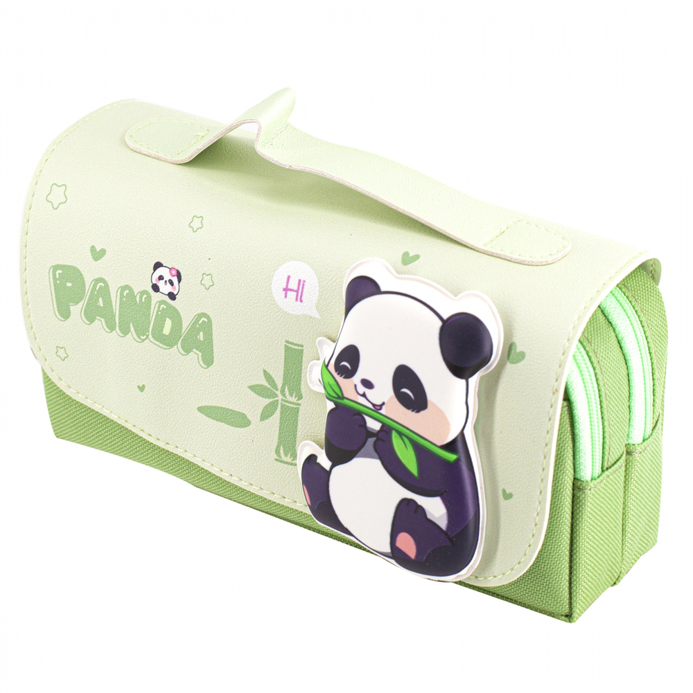 Пенал - косметичка Alingar, ПВХ/ткань, молния, 2 отделения, боковой карман, липучка, ручка, 190 х 80 х 50 мм, "PANDA", зеленый, европодвес