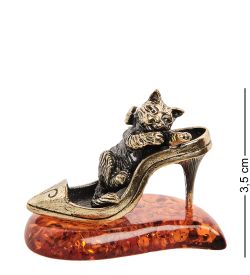 Народные промыслы AM- 386 Фигурка «Кошка на туфельке» (латунь, янтарь)