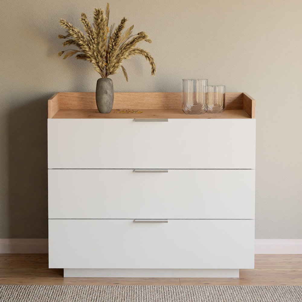 Парящий комод для одежды Меламин 3 ящика, 90х42х80 см, белый/артизан