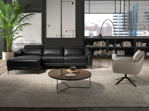 Угловой диван с реклайнером левый 6206/KM6285-L-T541040 из черной кожи