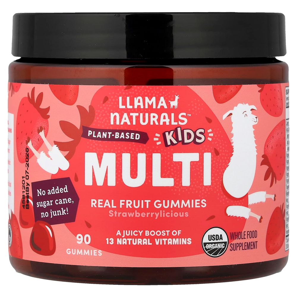 Llama Naturals, мультивитамины на растительной основе для детей, настоящие фруктовые жевательные таблетки, клубничный вкус, 60 жевательных таблеток