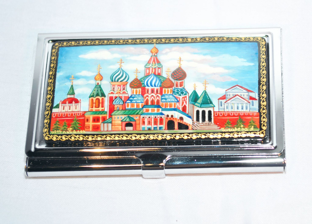 Визитница металлическая персональная  "Собор" №0519 (с росписью Палех) худ. А. Чигарева