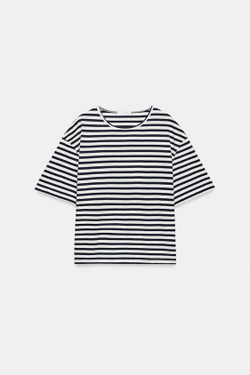 ZARA ФУТБОЛКА В ПОЛОСКУ С КОРОТКИМИ РУКАВАМИ, ЭКРЮ/СИНИЙ