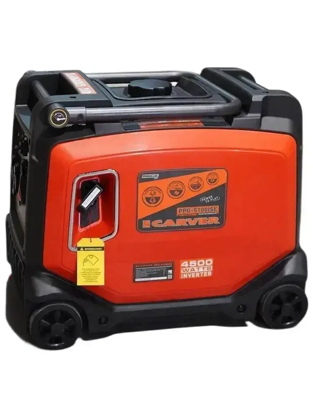 Генератор бензиновый Carver PPG-5100ISE инверторный (4.5 кВт, 230В, бак 11л, двигатель 236 куб.см, электростартер, DOUBLE USB QC 2.0. 3.0, дисплей, рукоятки + колеса) / бензогенератор / электростанция