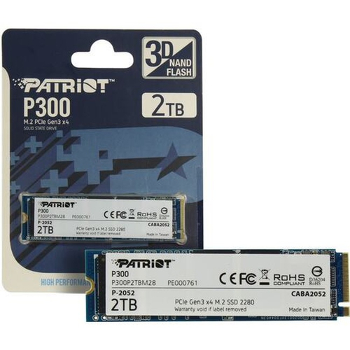 Жесткий диск SSD M.2 2Tb Patriot P300, 2100/1650MBs, 290000 IOPS, 3D NAND TLC, 2280, PCI-E 3.0 x4 (P300P2TBM28)