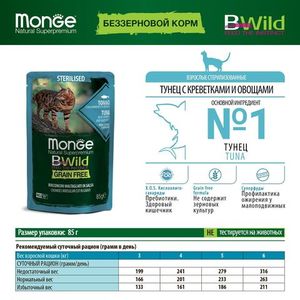 Влажный корм Monge Cat BWild GRAIN FREE для стерилизованных кошек, беззерновой, из тунца с креветками и овощами, паучи 85 г