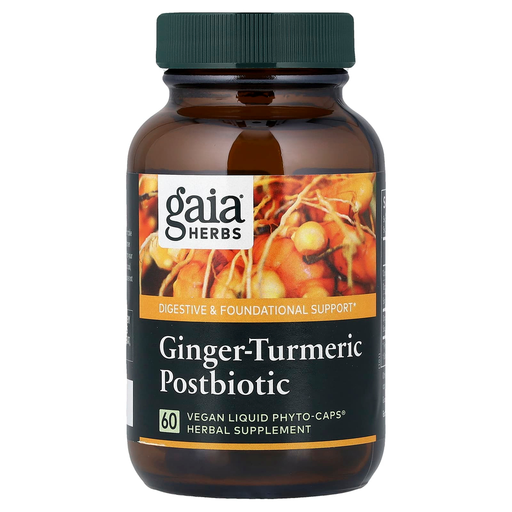 Gaia Herbs, постбиотик с имбирем и куркумой, 60 веганских капсул Liquid Phyto-Caps (0,6 г в 1 капсуле)