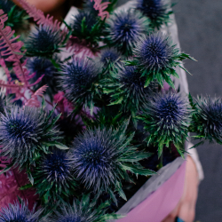 60. Запоминающийся сине-розовый букет с эрингиумом