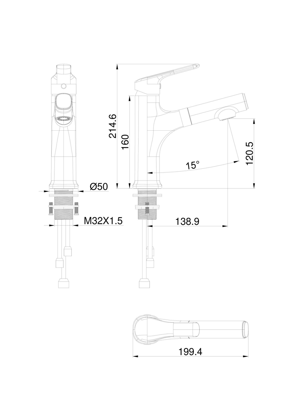 Смеситель для раковины с выдвижным изливом WONZON & WOGHAND, Хром (WW-AE4151-CR)