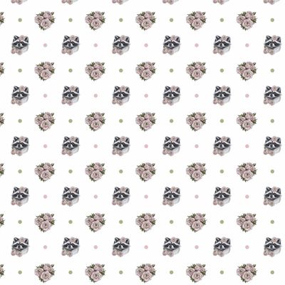 Енотики и нежные цветы на белом фоне с горошком