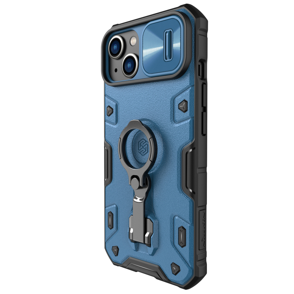 Чехол синего цвета для iPhone 14 и 13 от Nillkin серия CamShield Armor Pro, с металлическим поворотным кольцом и защитной шторкой для камеры