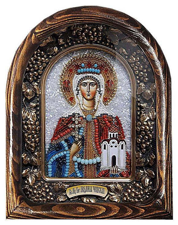 Дивеевская икона  святая мученица княгиня Людмила Чешская, печать, лазурит и бисер