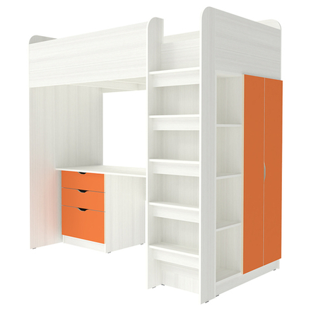 Кровать-чердак КарИВи Polini Simple с письменным столом и Шкаф КарИВиом Белое Дерево Оранжевый