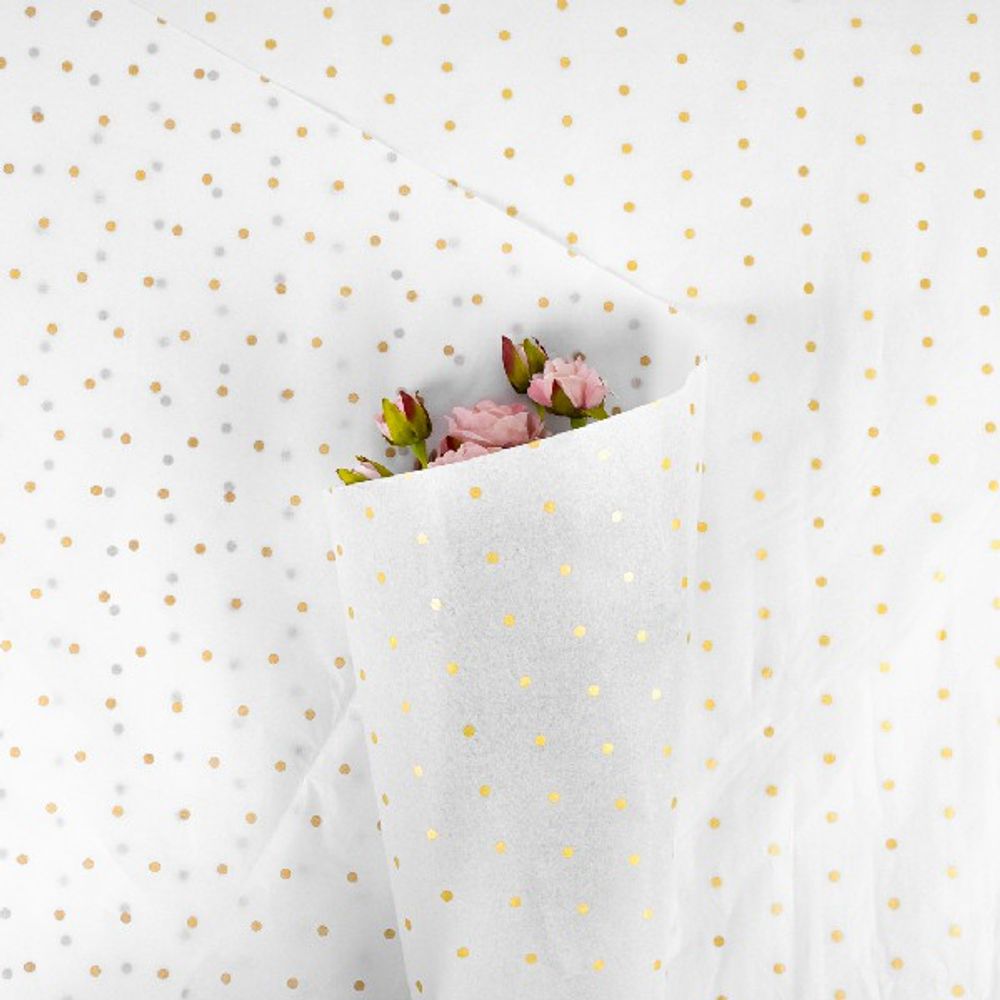 Бумага тишью "Мелкий горошек" 50*70см Белый с золотыми горошинам (20л)
