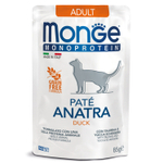 Влажный корм Monge Cat Monoprotein для взрослых кошек, из утки, паучи 85 г - 28 шт