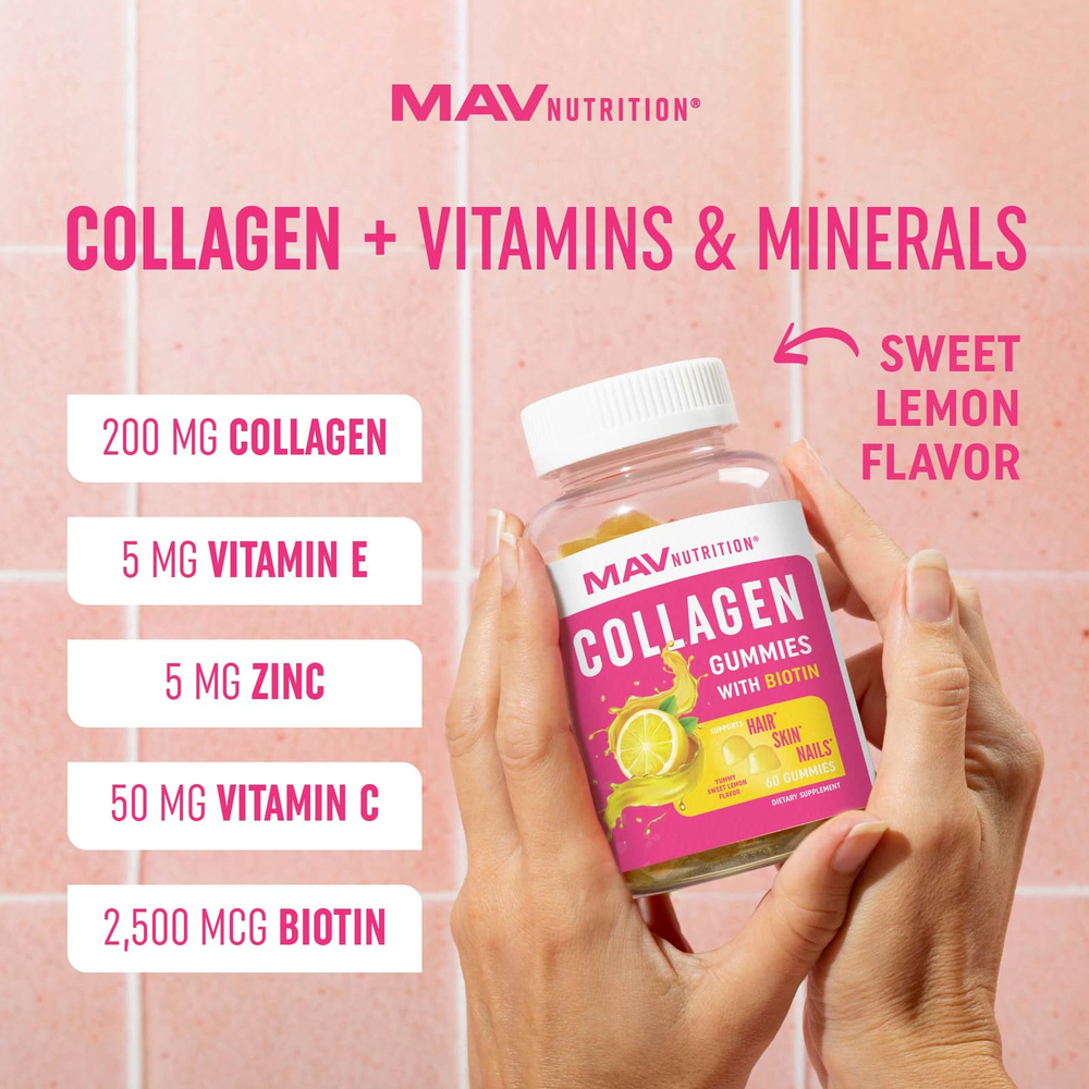 MAV Nutrition, жевательные таблетки с коллагеном и биотином, со вкусом сладкого лимона, 60 жевательных таблеток