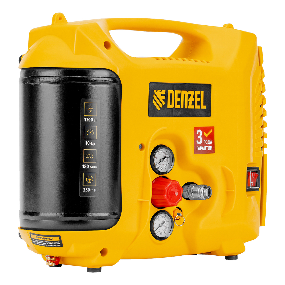 Компрессор воздушный DL1300, 10 бар, 1,3 кВт 180 л/мин 5 л, с набором аксессуаров Denzel