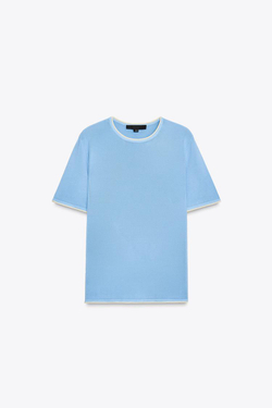 ZARA ТРИКОТАЖНЫЙ ТОП С ОКАНТОВКОЙ, ГОЛУБОЙ