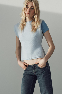 ZARA ТРИКОТАЖНЫЙ ЖИЛЕТ С АКЦЕНТНЫМИ ПЛЕЧАМИ, СИНИЙ