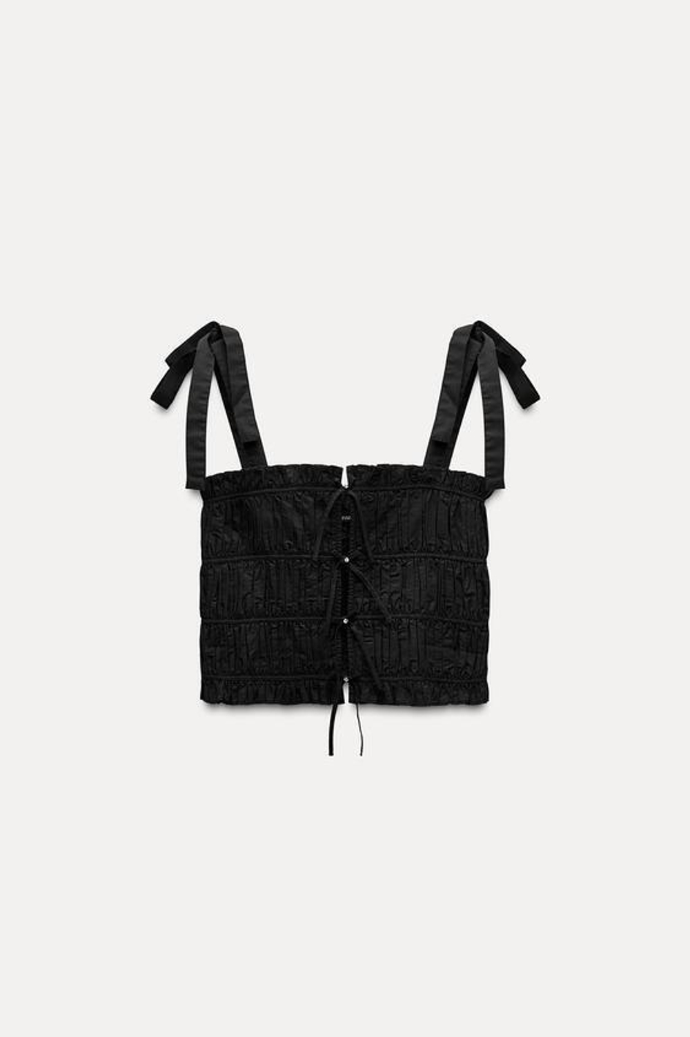 ZARA ТОП ИЗ ПОПЛИНА С БАНТАМИ И СТРАЗАМИ, ЧЕРНЫЙ