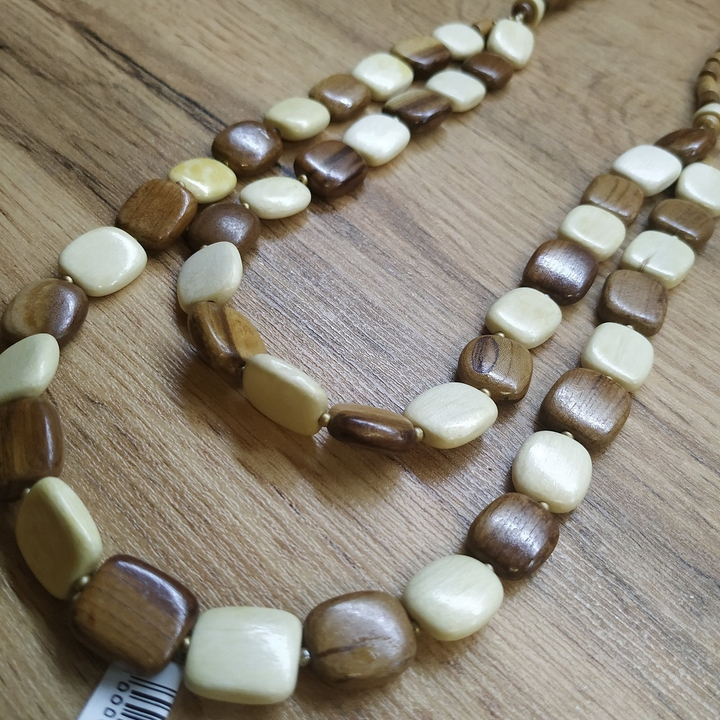 Колье двойное Камешки, дерево, цвет коричневый, молочный, 58 см