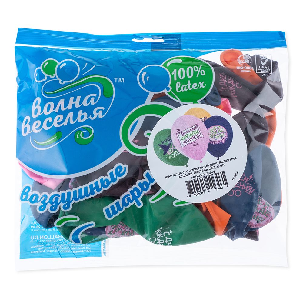 Шар (12''/30 см) Волшебный День Рождения, Ассорти, пастель, 2 ст, 25 шт.