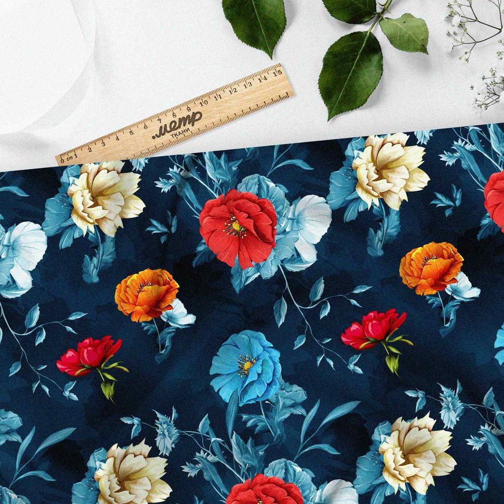 Ткань оксфорд 600 цветочное великолепие на синем