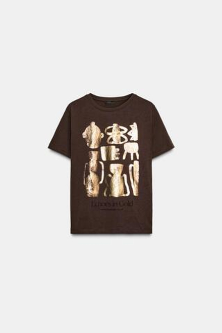 ZARA ФУТБОЛКА С МЕТАЛЛИЗИРОВАННЫМ ПРИНТОМ И КОРОТКИМИ РУКАВАМИ, ШОКОЛАДНЫЙ