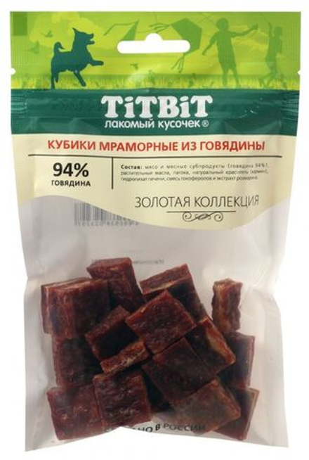 Лакомство для собак Мраморные кубики из говядины, 80г Золотая коллекция ТитБит
