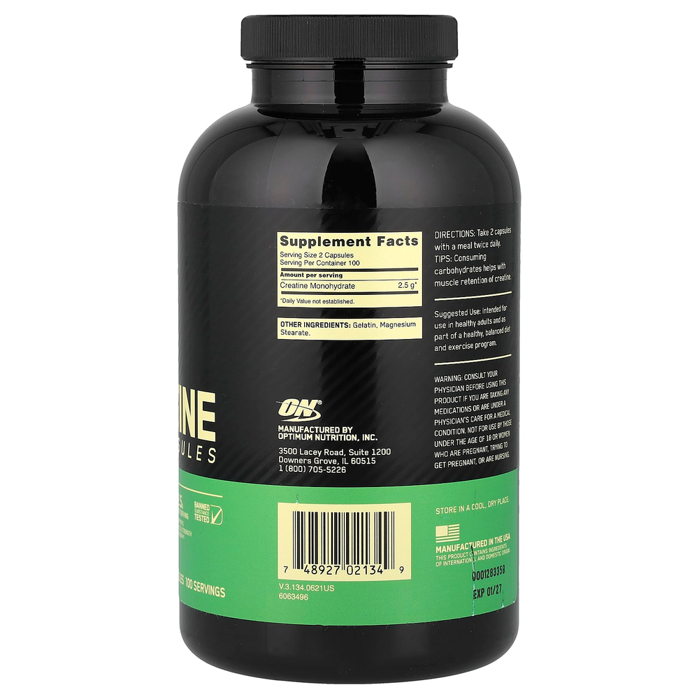 Optimum Nutrition, микронизированный креатин в капсулах, 200 капсул (1,25 г в 1 капсуле)