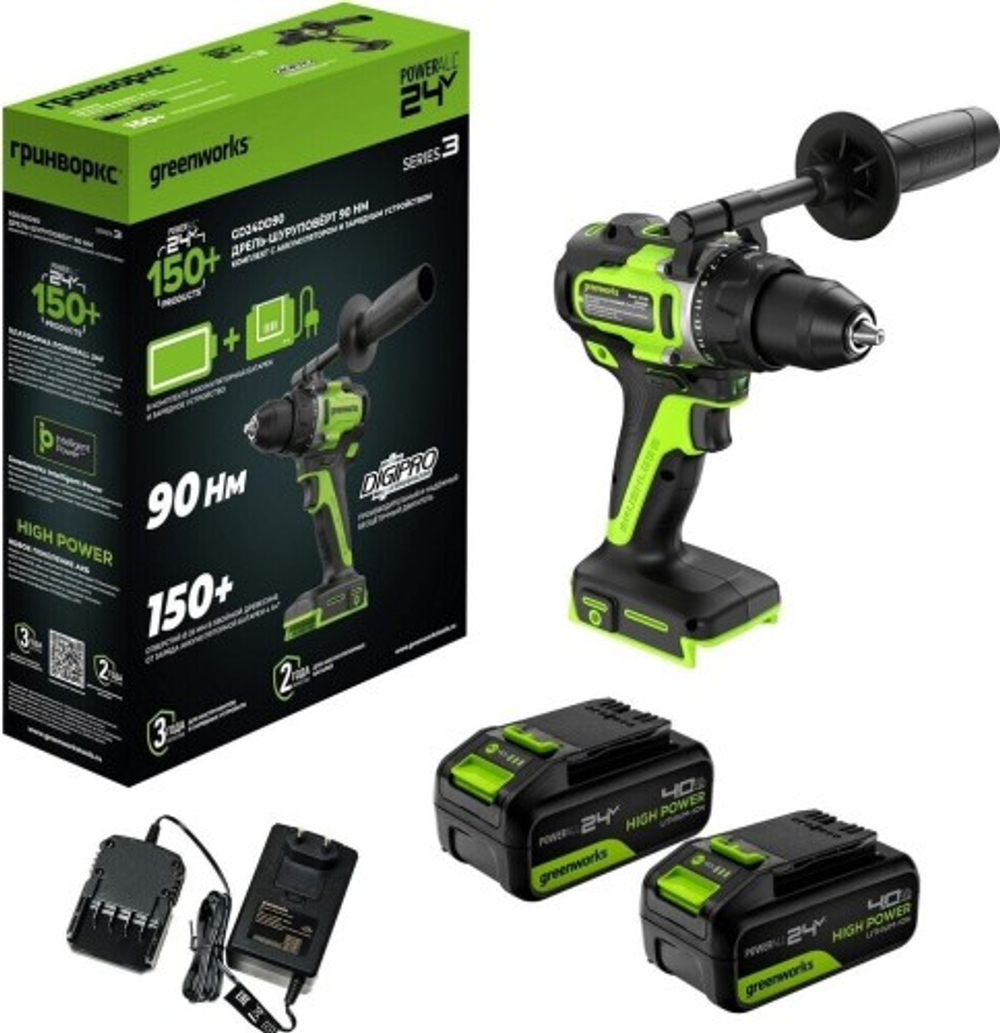 Дрель-шуруповерт аккумуляторная GREENWORKS GD24DD90 24V, 2 АКБ 4Ач и ЗУ 3707507CUD