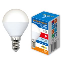 LED-G45-6W-4000K-E14-FR-DIM-SLS Лампа светодиодная. диммируемая. Форма шар. матовая. Белый свет 4000K. ТМ Volpe
