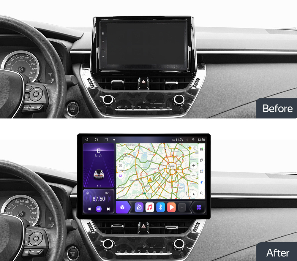 Магнитола для Toyota Corolla E210 2019-2024+, Corolla Cross - Carmedia KP-13-S10 монитор 13" QLED+2K на Android 12, ТОП процессор, 4G SIM-слот, CarPlay