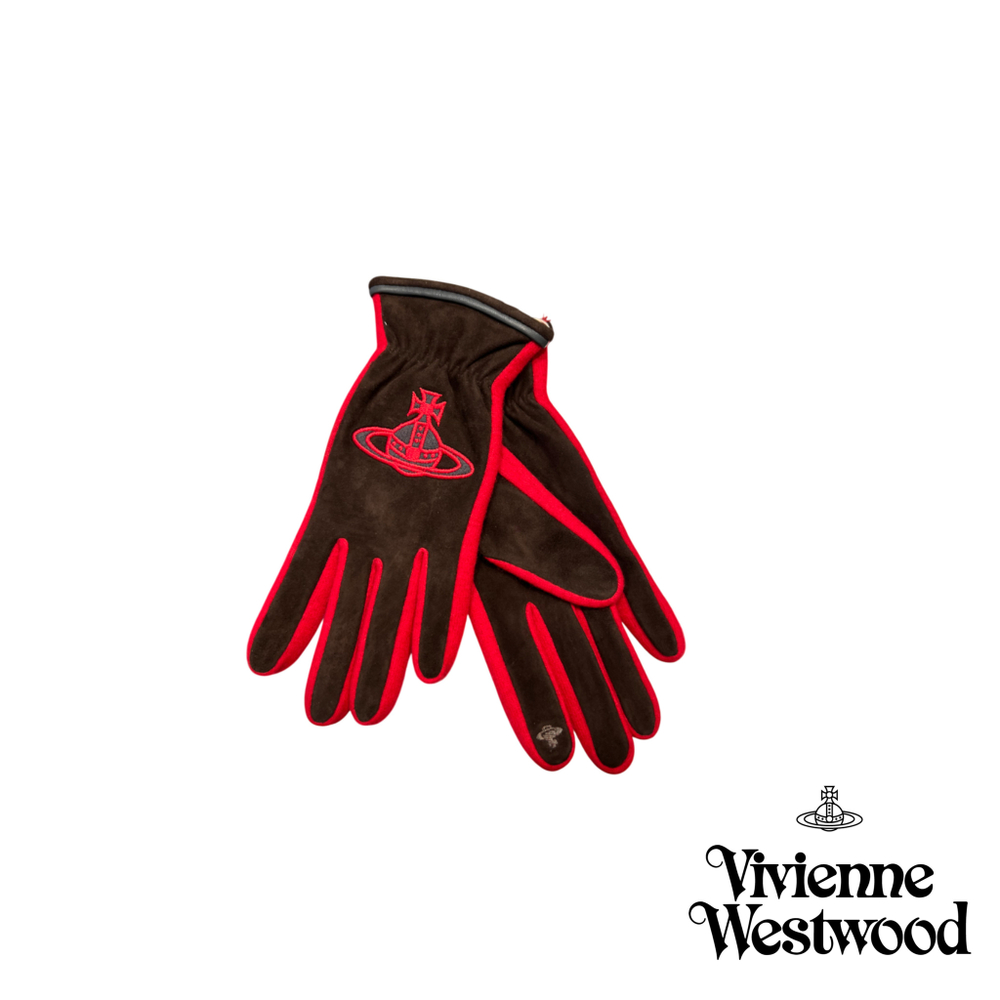 VIVIENNE WESTWOOD ПЕРЧАТКИ КОМБИНИРОВАННЫЕ КОРИЧНЕВО-КРАСНЫЕ С ВЫШИВКОЙ