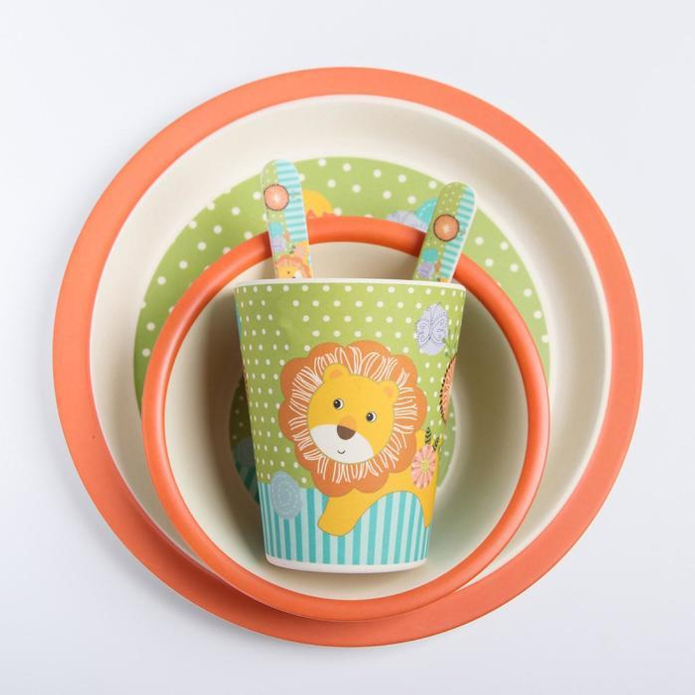 4611370 Набор детской бамбуковой посуды «Лёвушка», тарелка, миска, стакан, приборы, 5 предметов