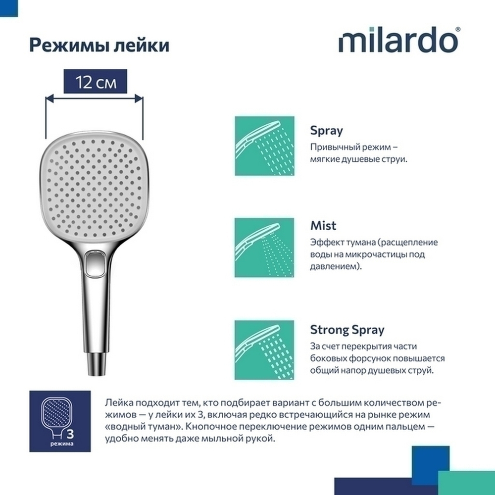 Лейка для душа Milardo ILS3FC0M18 "Ideal Spa" квадрат 120*120, 3 режима, ХРОМ, коробка