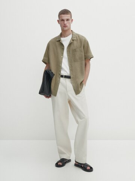 Massimo Dutti Льняная рубашка облегающего кроя с короткими рукавами, зеленый