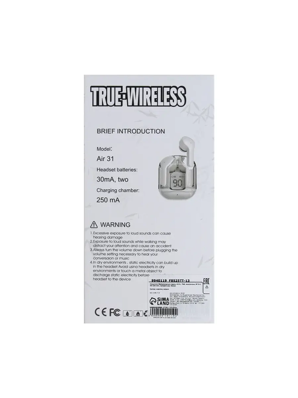 Наушники беспроводные Air31, TWS, вакуумные, Bluetooth 5.0,