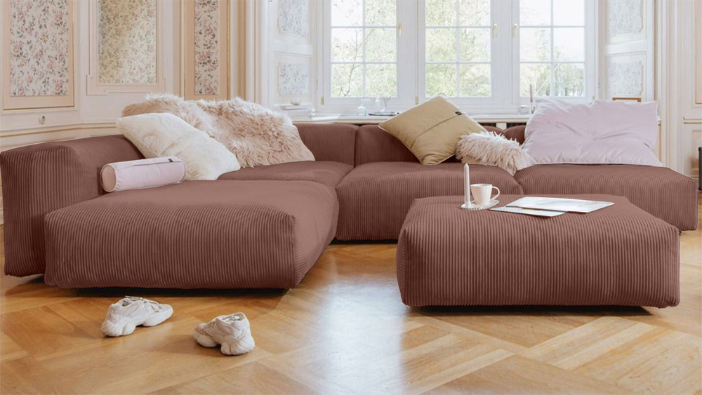 Диван Фиджи (П-образный) Cilium Coral 378*242*62 см, Розовый Вельвет Нераскладной Фиеста