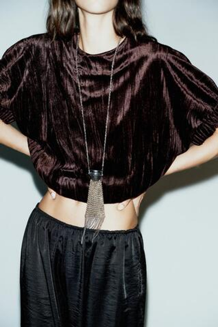 ZARA БАРХАТНЫЙ ТОП-БАЛЛОН, КОРИЧНЕВЫЙ