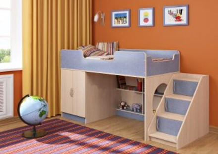 Кровать-чердак КарИВи Легенда 2.4  Дуб Молочный Светло-синий, голубой